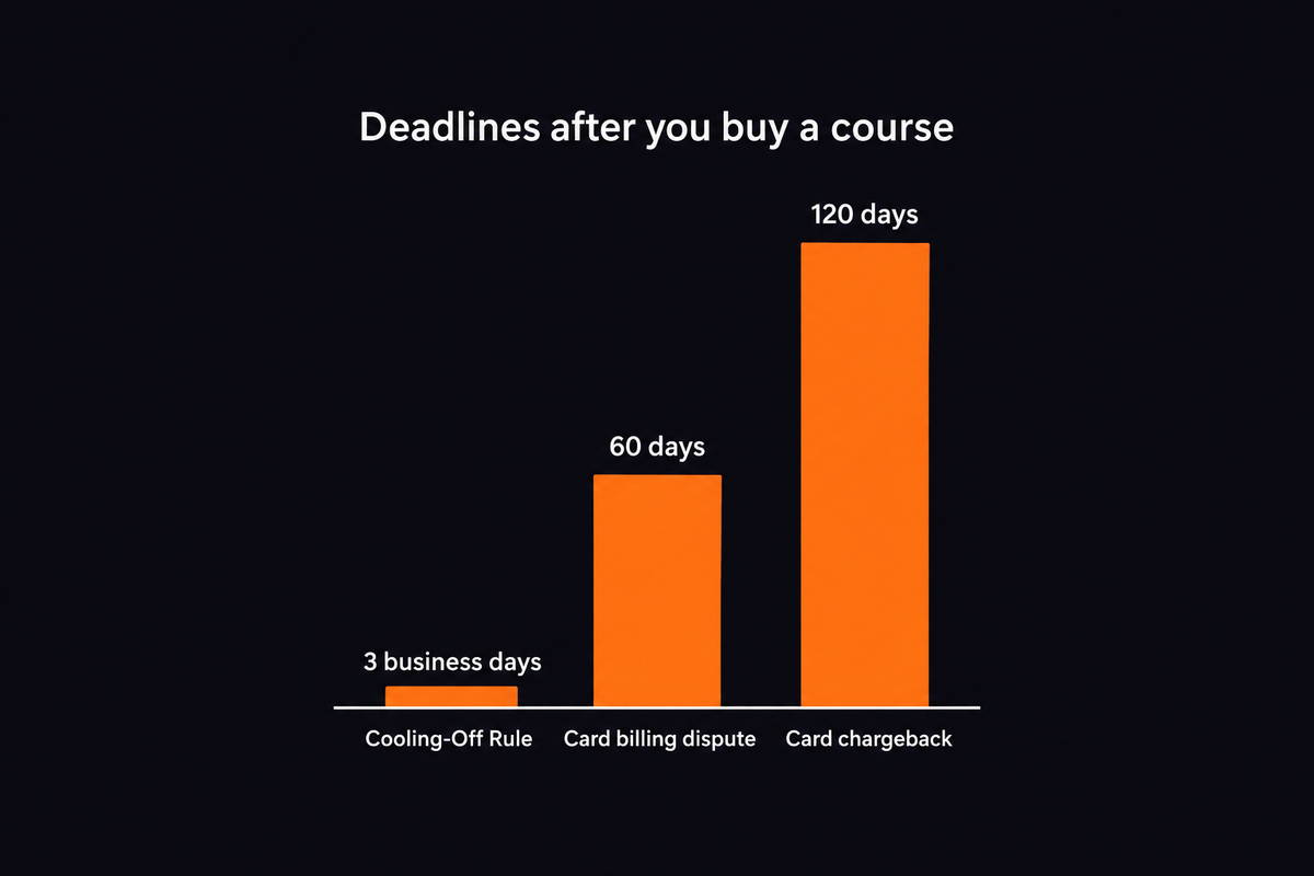 Bar chart of deadlines after you buy a course: 3 business days under the FTC Cooling-Off Rule, 60 days for a credit card billing dispute, 120 days for a typical Visa or Mastercard chargeback